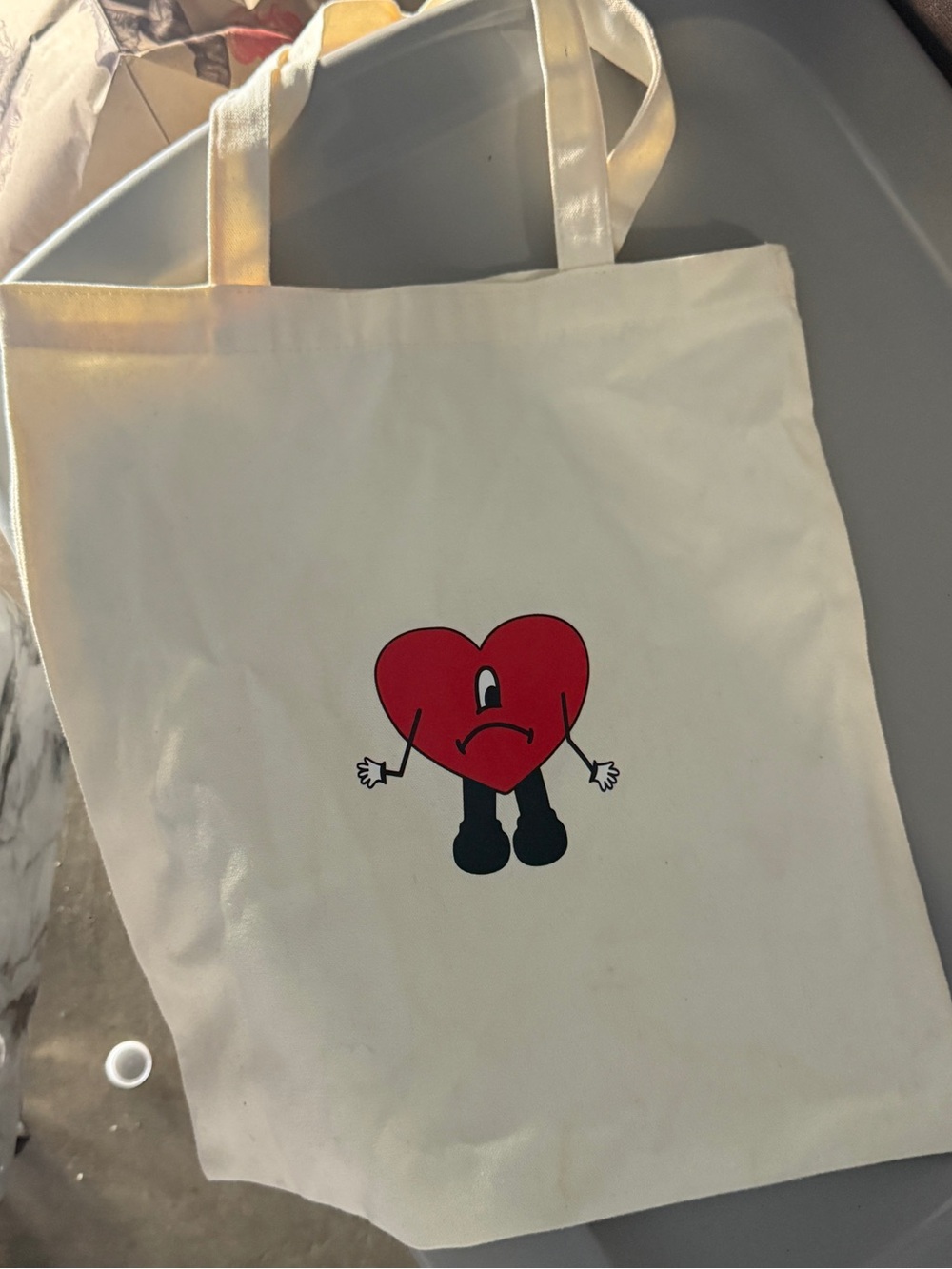 Cream Canvas Tote with Red Heart Character